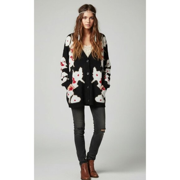 Cynthia Rowley Intrasia Womens Mohair Wool Blend Floral Cardigan Sweater L - Picture 1 of 16